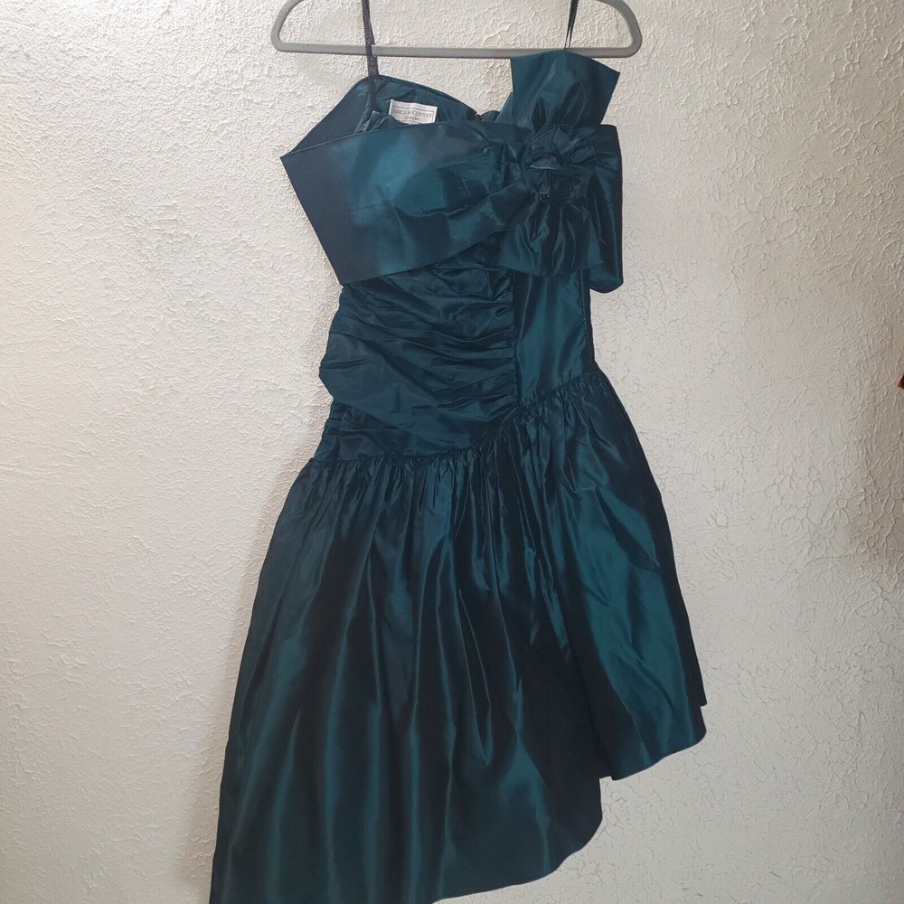 Vtg Gunne Sax Jessica McClintock Sz 5/6 Shiny Teal Taffeta Puff Strapless Dress